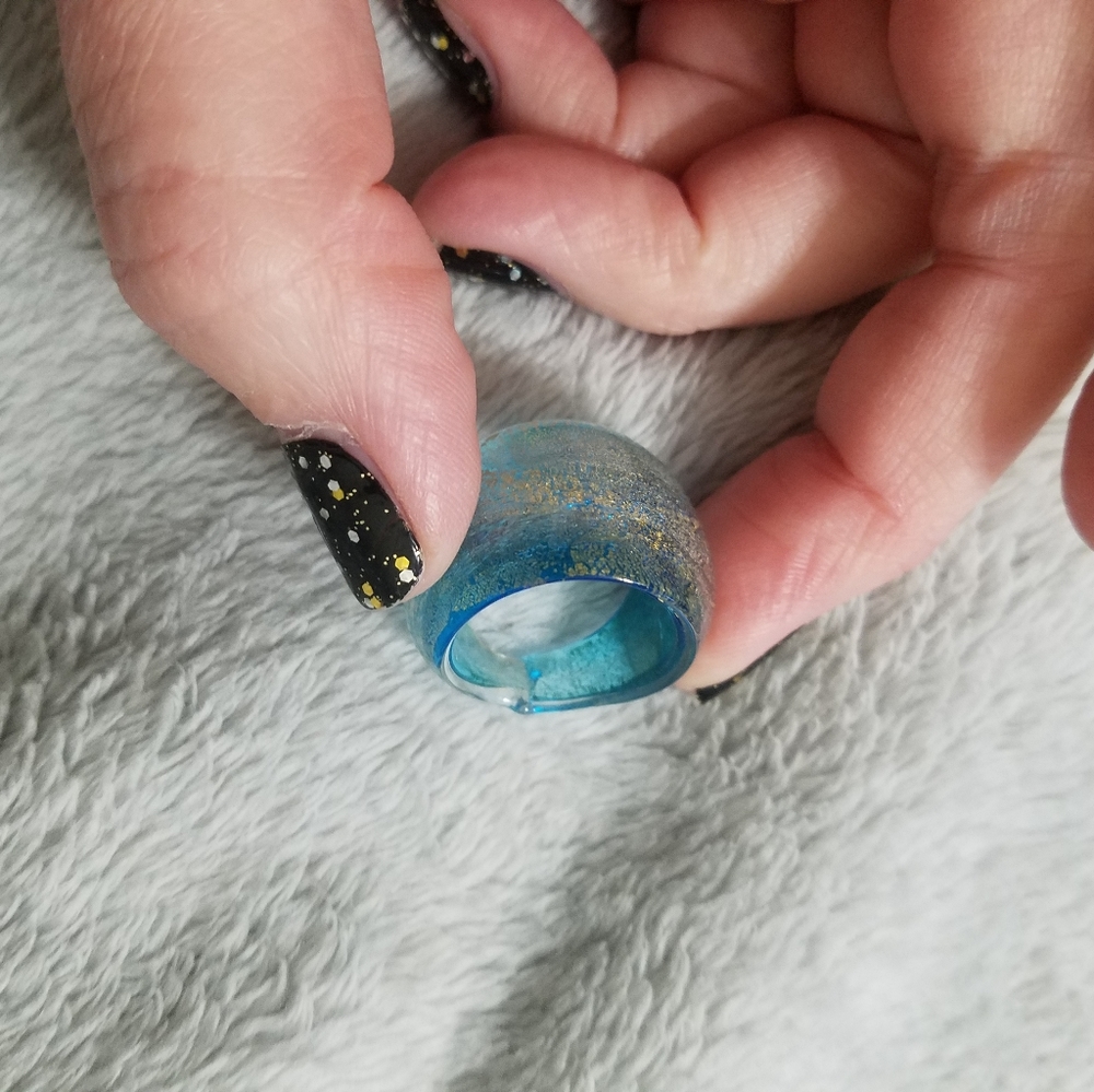 Aqua Blue Glass Ring with Gold Flecks, Size 7 - Picture 4 of 8